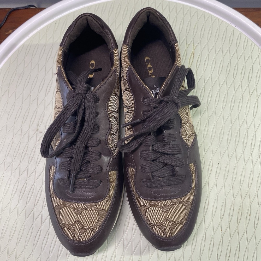 COACH Farah Womens Casual Leather Shoes Nappa Sig C‎ brown Khaki US Sz.6B EUC - Picture 3 of 13